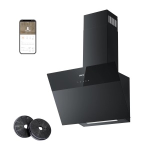 Schwarze CIARRA Kopffrei Dunstabzugshaube mit App-Steuerung und Kohlefiltern.
