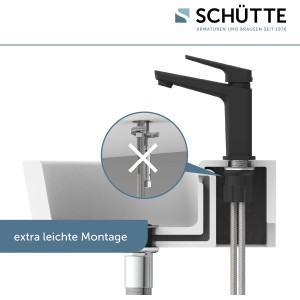 Schütte Waschtischarmatur Raven, schwarz-matt, mit Montage-Detail am Waschbecken.