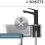 Schütte Waschtischarmatur Raven, schwarz-matt, mit Montage-Detail am Waschbecken.