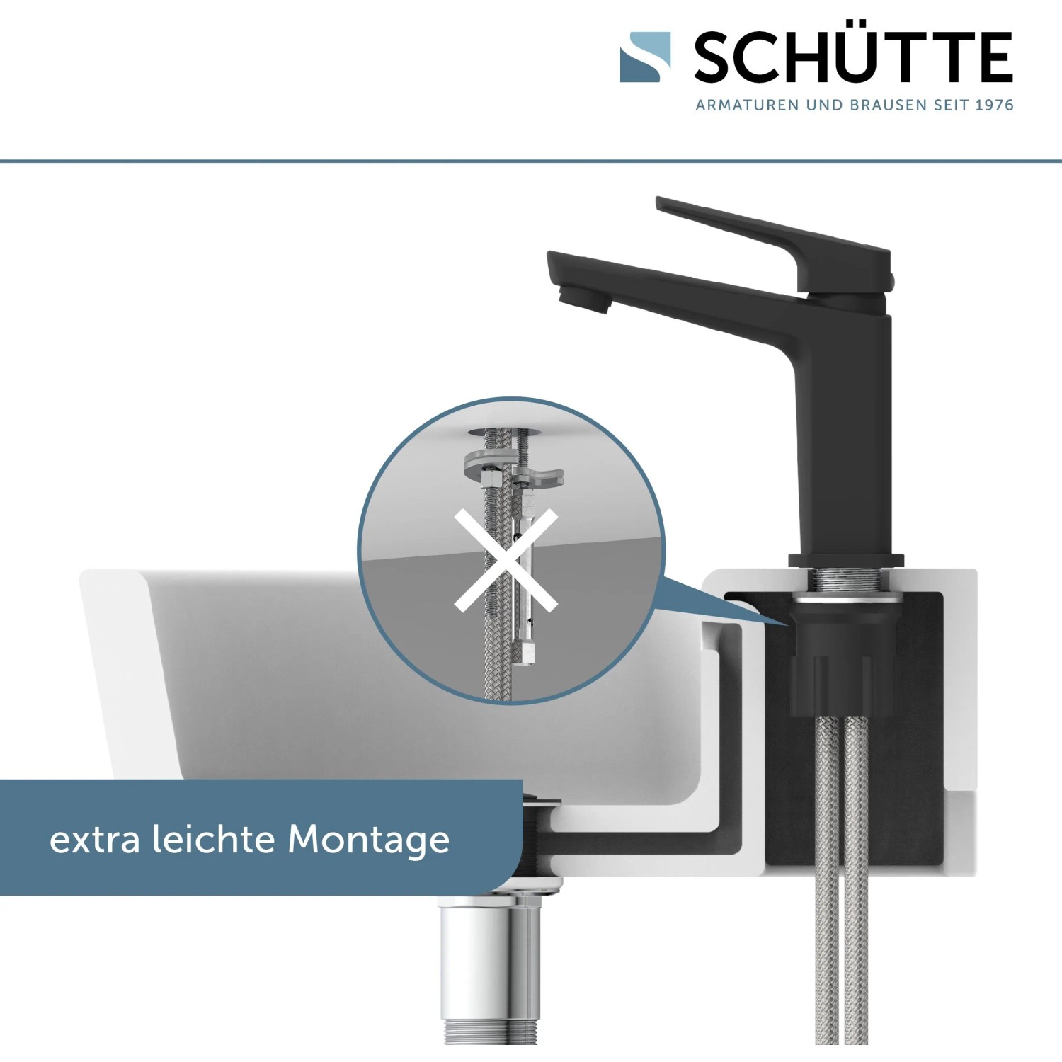 Schütte Waschtischarmatur Raven, schwarz-matt, mit Montage-Detail am Waschbecken.