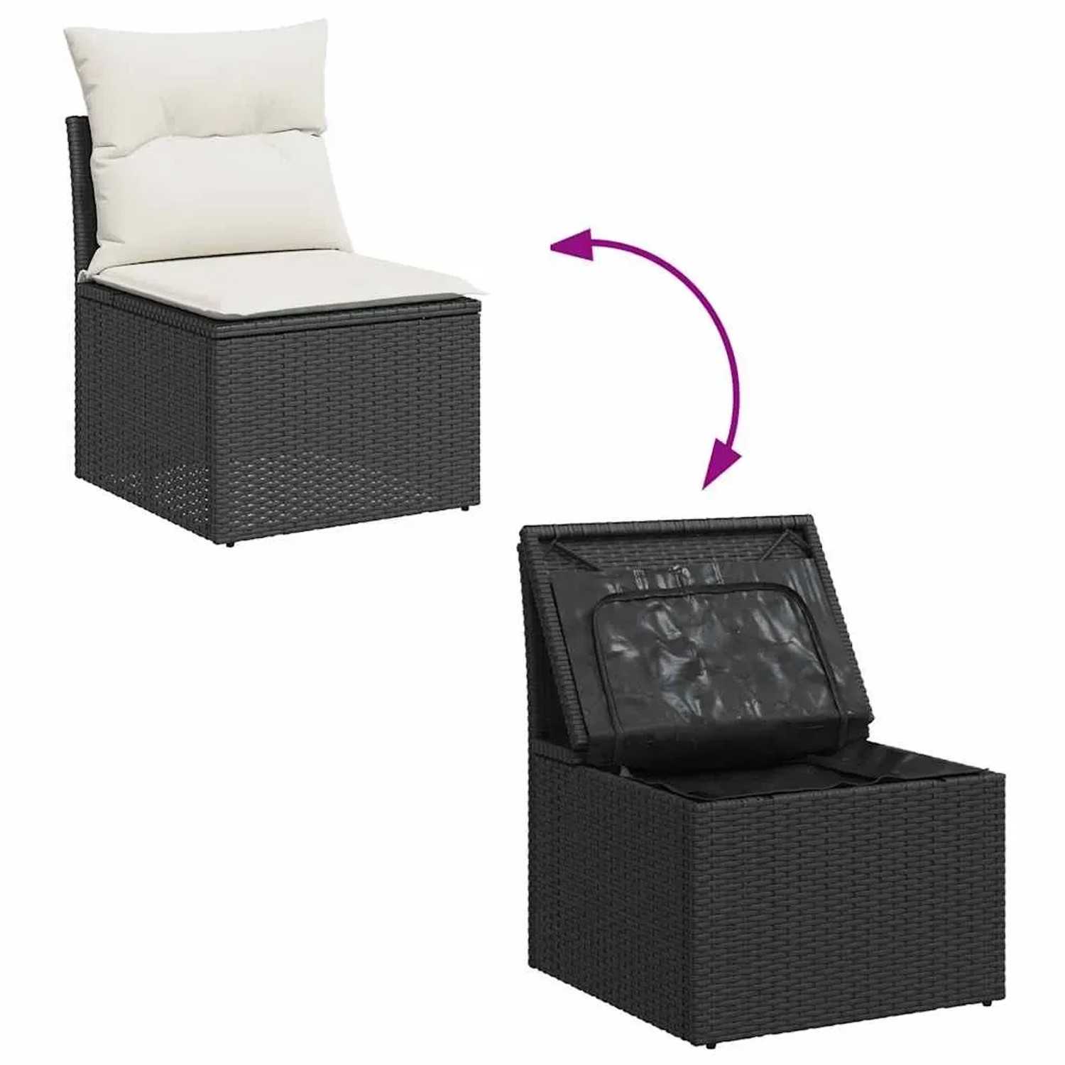 vidaXL Garten-Sofagarnitur, 10-teilig, schwarz, Poly Rattan mit Stauraum und Kissen.