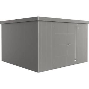 Biohort Gerätehaus Neo 4D in Quarzgrau-Metallic mit Doppeltür. Modernes Gerätehaus aus Metall.