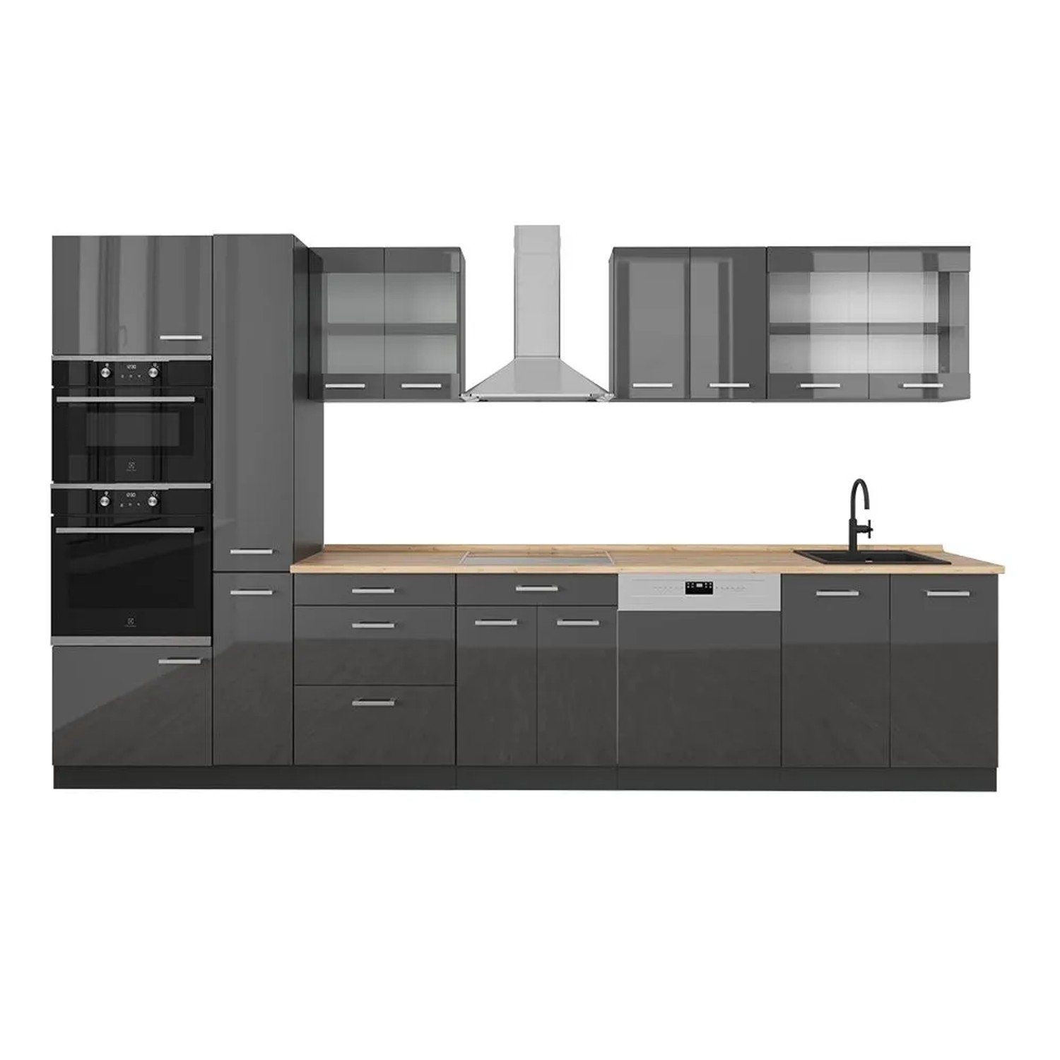 Vicco R-Line Küchenzeile Anthrazit Hochglanz Anthrazit 350 cm ohne Arbeitsplatte ohne E-Geräte
