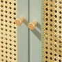 Detailansicht: Grüner SoBuy Schuhschrank/Sideboard FSB72-GR mit Rattangeflecht und goldenen Griffen.
