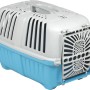 Blaue und weiße Pratiko Transportbox aus Kunststoff für kleine Hunde und Katzen.