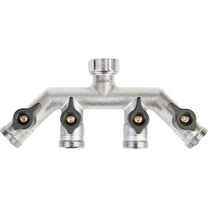 Geka Vierwegeventil Plus, silbernes Messingventil mit vier Ausgängen und Regler.