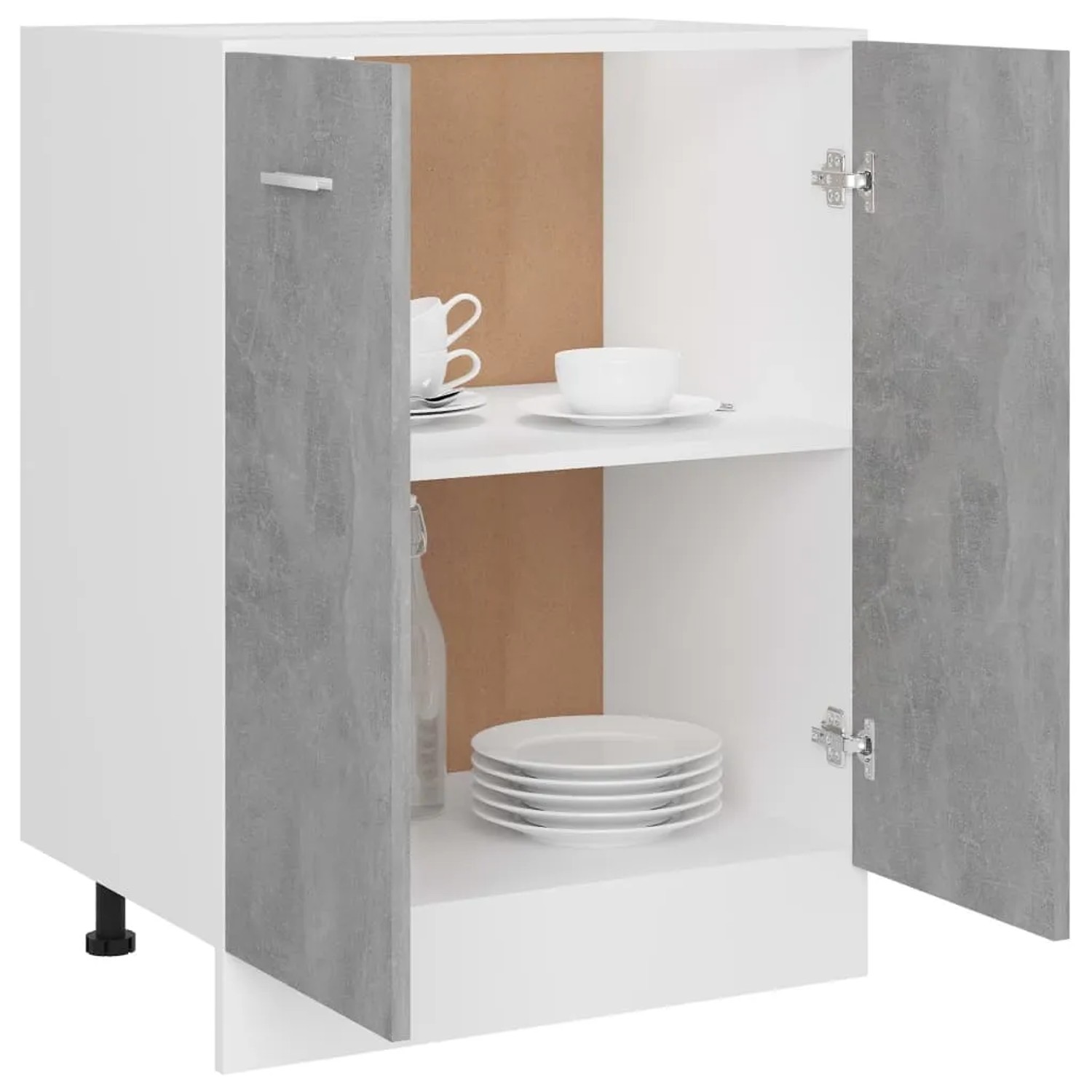 vidaXL Unterschrank, Betongrau, 60x46x81,5 cm, Holzwerkstoff, mit zwei offenen Türen und Geschirr.