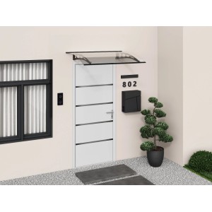 Schwarzes Vente-unique Türvordach Neona 150 cm mit transparenter Polycarbonatscheibe über weißer Haustür.