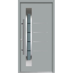 Moderne, graue Splendoor Thermospace Haustür Berlin Prime mit Edelstahlgriff und Glaseinsatz.