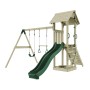 PolarPlay Spielturm Vimmerby mit Schaukel, Trapezstange und grüner Rutsche.