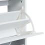 Weißer Relaxdays Schuhschrank mit offener Kippklappe, zeigt den Mechanismus zur Schuhaufbewahrung im Flur.