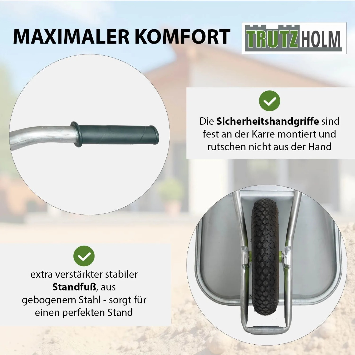 Details der TRUTZHOLM Schubkarre: Griffe, Rad und Standfuß für Komfort und Stabilität.