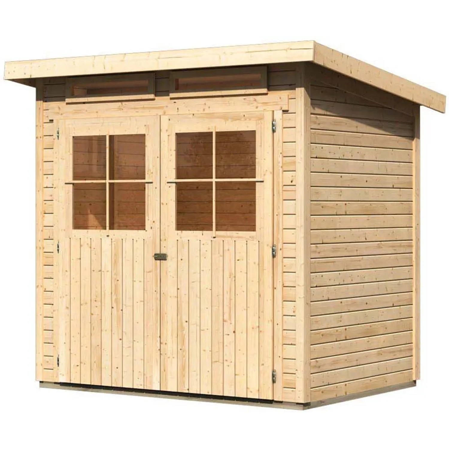 Karibu Holz-Gartenhaus Egersund, unbehandelt, mit Pultdach und Doppeltür.
