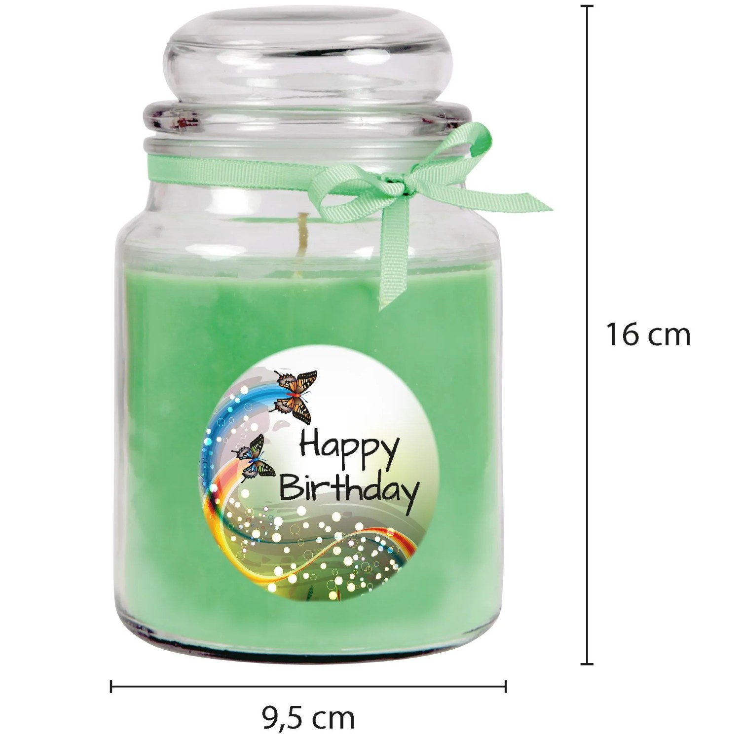 Grüne Duftkerze im Glas mit "Happy Birthday" Aufdruck und Schleife.