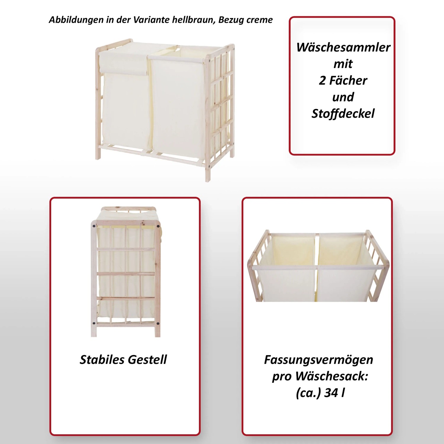 MCW Wäschesammler B60 hellbraun/grau mit 2 Fächern und Stoffdeckel.