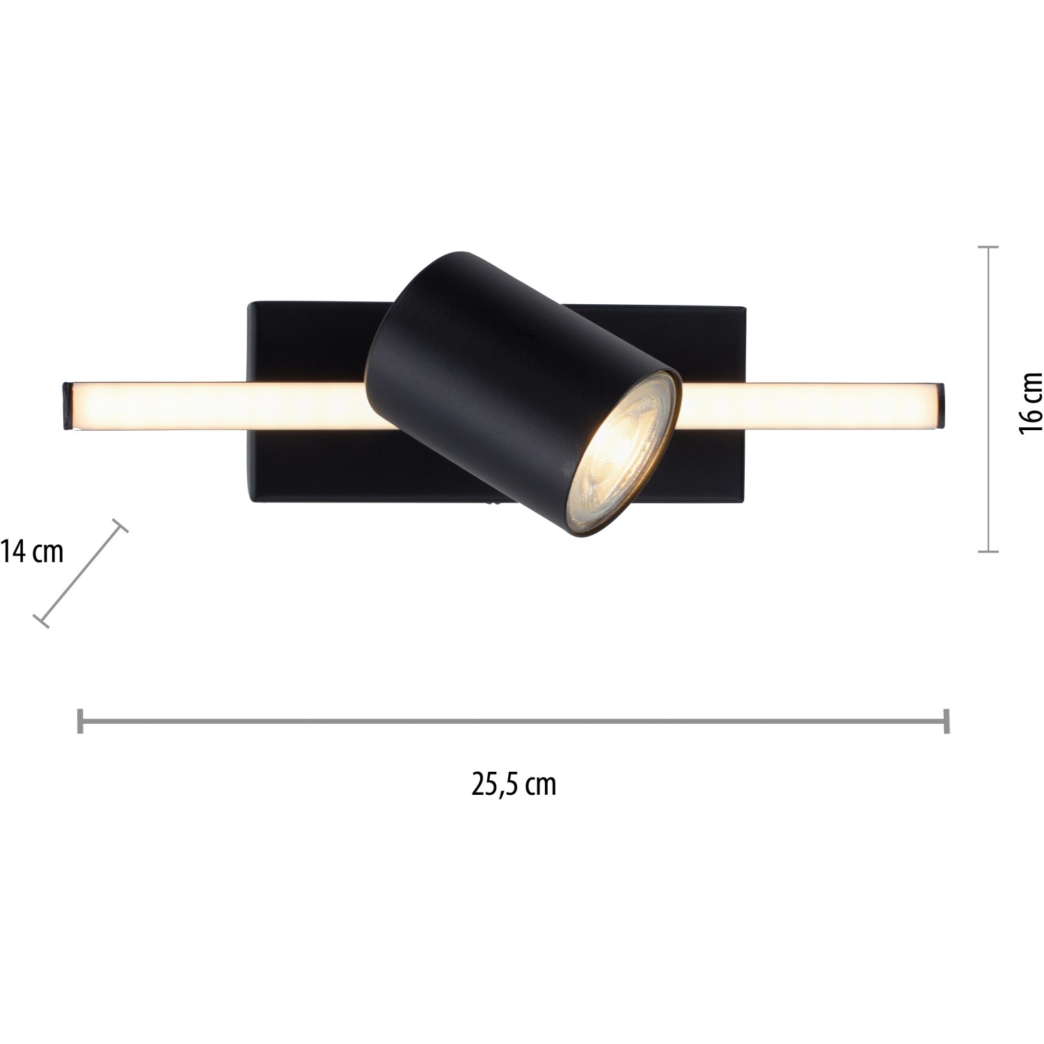 Moderne, schwarze LED-Wand- und Deckenleuchte Barik mit beweglichem Spot und LED-Leiste.