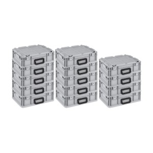 SuperSparSet: 6 graue Euroboxen NextGen Portable, 20 Liter, mit Tragegriffen, gestapelt. Ideal zur Aufbewahrung.