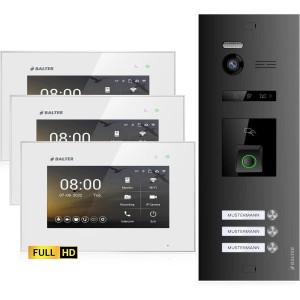 Balter EVO-HD Video-Türsprechanlage für 3-Familienhaus mit 3 Monitoren, Fingerprint, schwarz-weiß.