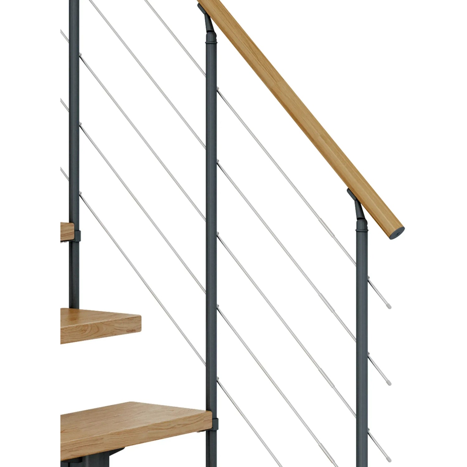 Dolle Mittelholmtreppe Cork, Eiche/Anthrazit, mit Edelstahlgeländer und Holzhandlauf.