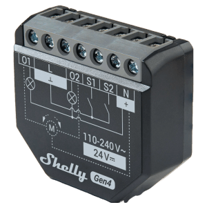 Schwarzes Shelly 2PM Gen4 Relais für Jalousien und Rollläden Steuerung im Smart Home.