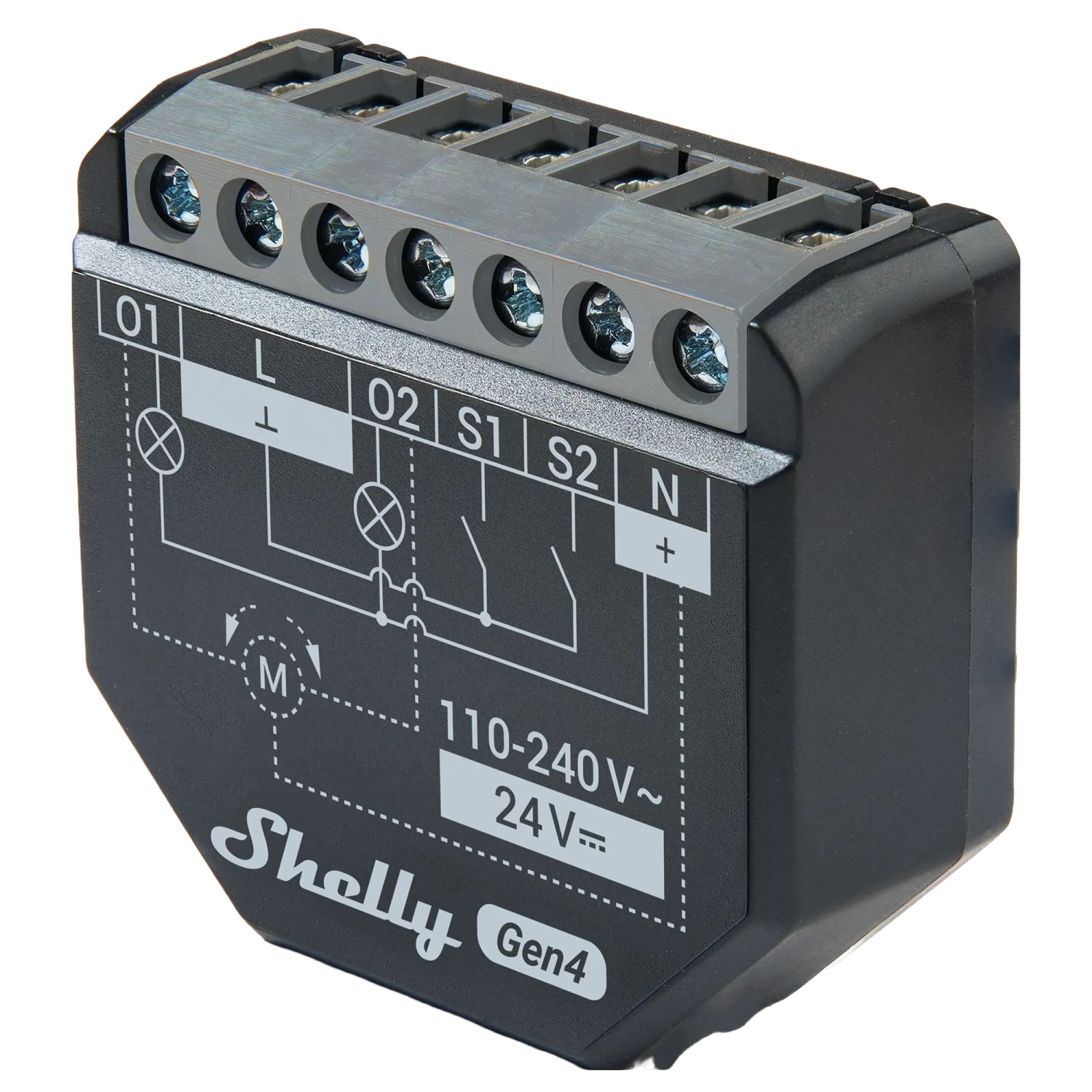 Schwarzes Shelly 2PM Gen4 Relais für Jalousien und Rollläden Steuerung im Smart Home.