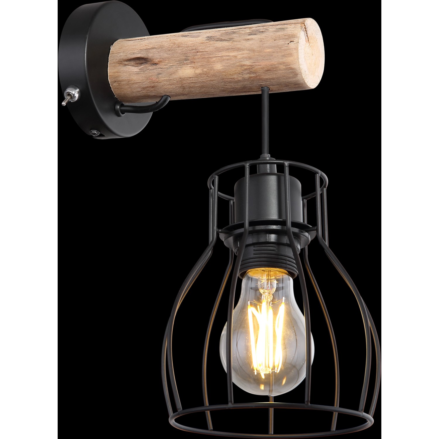 Schwarze Globo Wandlampe Mina im Vintage-Design mit Holzhalterung und E27-Fassung.