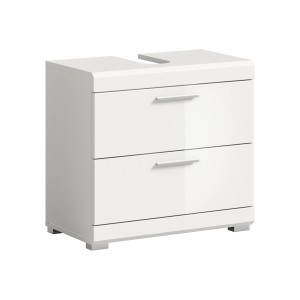 Weißer, hochglänzender Waschbeckenunterschrank (60cm) mit zwei Schubladen. FSC®-zertifiziert.