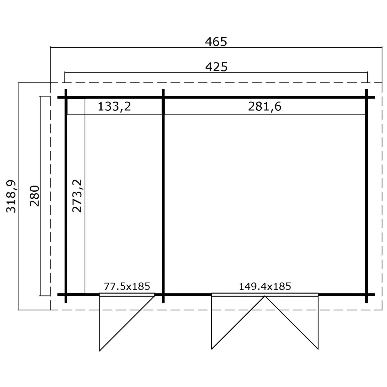 Grundriss des Lasita Holz-Gartenhauses Belmont 2 mit Flachdach, zeigt zwei Räume und Maße 425x280 cm.