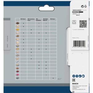 Rückseite der Bosch Kreissägeblatt Standard für Wood Verpackung mit Material-Kompatibilitätstabelle für Holz und Metall.
