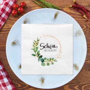 Bestlivings Serviette mit Aufdruck "Schön, dass Du da bist" auf blauem Teller, 20er Pack.