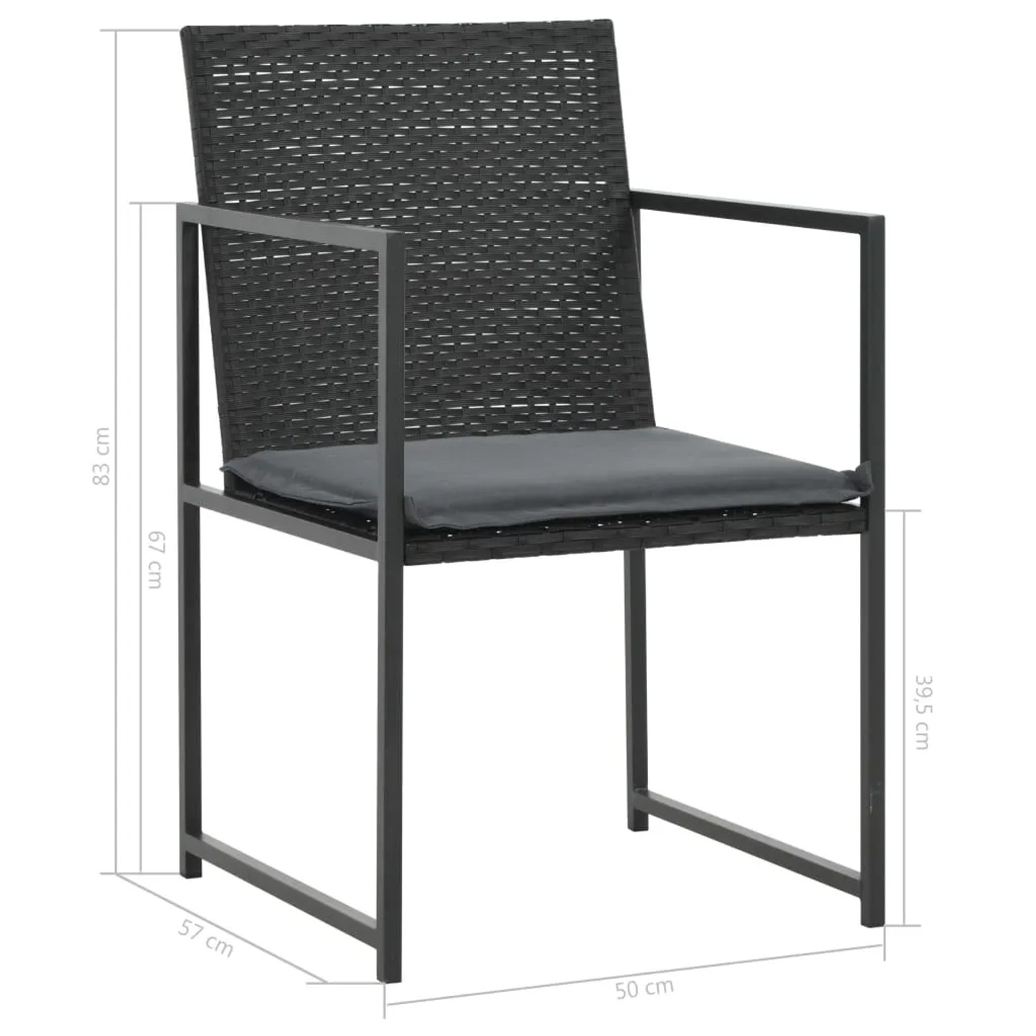 Schwarzer vidaXL Gartenstuhl aus Rattan mit Auflage, Teil der 7-tlg Essgruppe.