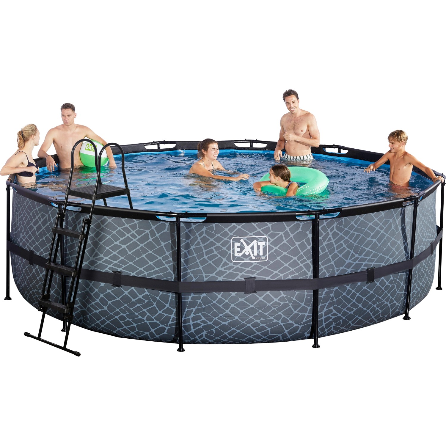 Grauer EXIT Stone Pool ø 488 cm mit Poolleiter und Personen im Wasser.