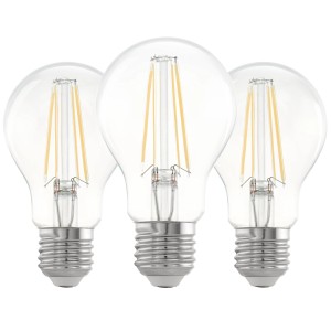 Drei E27 LED-Lampen in Glühlampenform, 7W, von Eglo. Warmweißes Licht für Wohnräume.