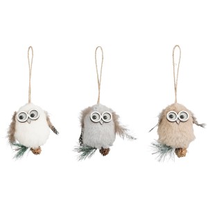 3er Set House of Seasons Eulen Ornamente, ca. 9cm, aus Filz in Braun-, Grau- und Weißtönen.
