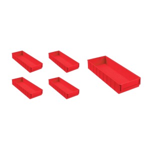 Set aus 5 roten PROREGAL Industrieboxen, 6 Liter, zur Aufbewahrung im Werkstattregal.