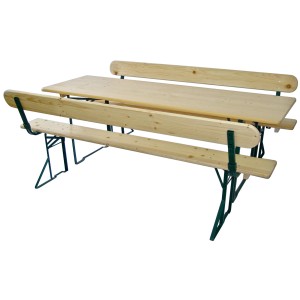 Bierzeltgarnitur mit Rückenlehne, Kiefernholz natur, Gestell grün, 220x70 cm Tisch, ideal für Gartenpartys.
