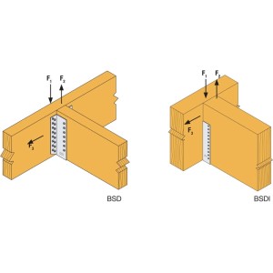 Diagramm: Simpson Balkenschuh BSD 160x240 mm, feuerverzinkter Stahl Holzverbinder. Zeigt Holzanschlüsse mit Lastpfeilen für zweiachsige Belastung.