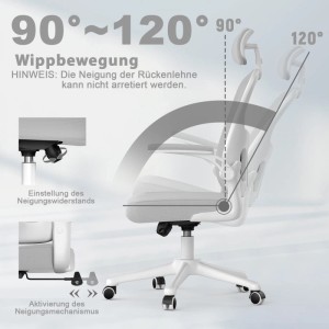 Grauer Rattantree Bürostuhl mit verstellbarer Rückenlehne (90-120°), Kopf- und Lendenstütze.