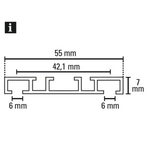 Technische Zeichnung einer weißen, 2-läufigen Gardinia Aluminium-Vorhangschiene mit Maßangaben.