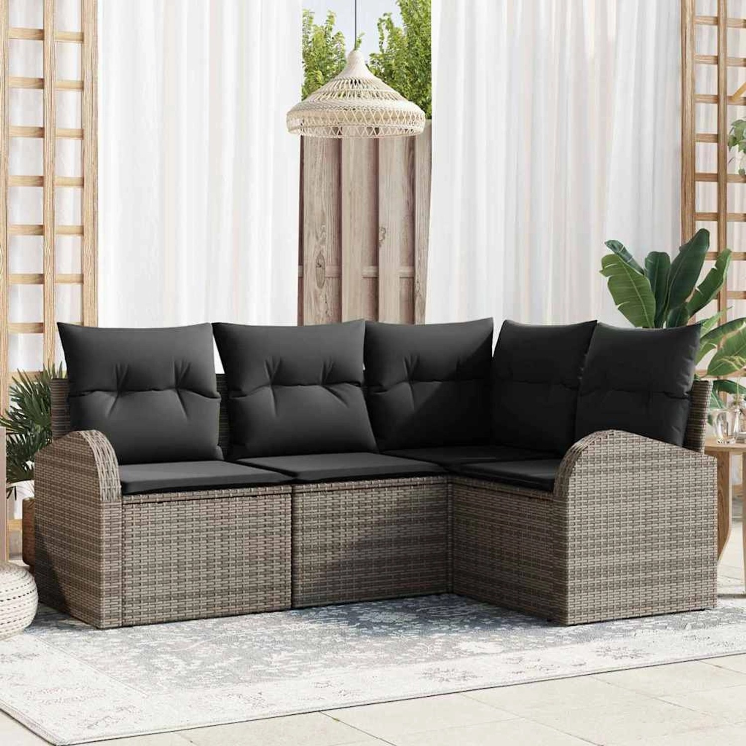 Graues 4-teiliges Garten-Sofa-Set aus Poly Rattan mit Kissen von vidaXL.