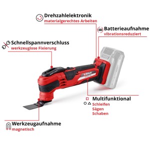Einhell Akku-Multifunktionswerkzeug Varrito Solo, rot/schwarz, mit Zubehör zum Sägen, Schleifen und Schaben.