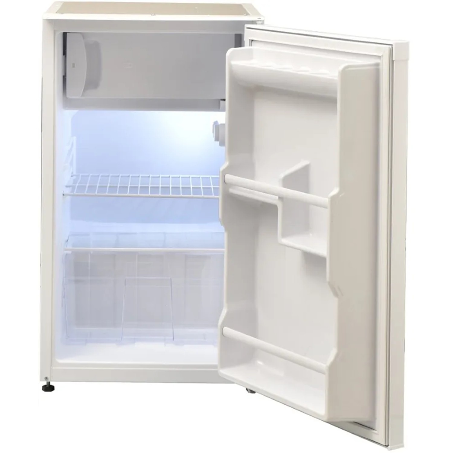 Geöffneter, weißer Respekta Minikühlschrank MK100WOSC, Teil einer Miniküche. Innenraum mit Regalen und Türablagen.