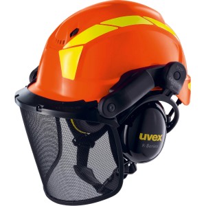 Uvex Waldarbeiterset Orange mit Helm, Visier und Gehörschutz für Forstarbeiten.
