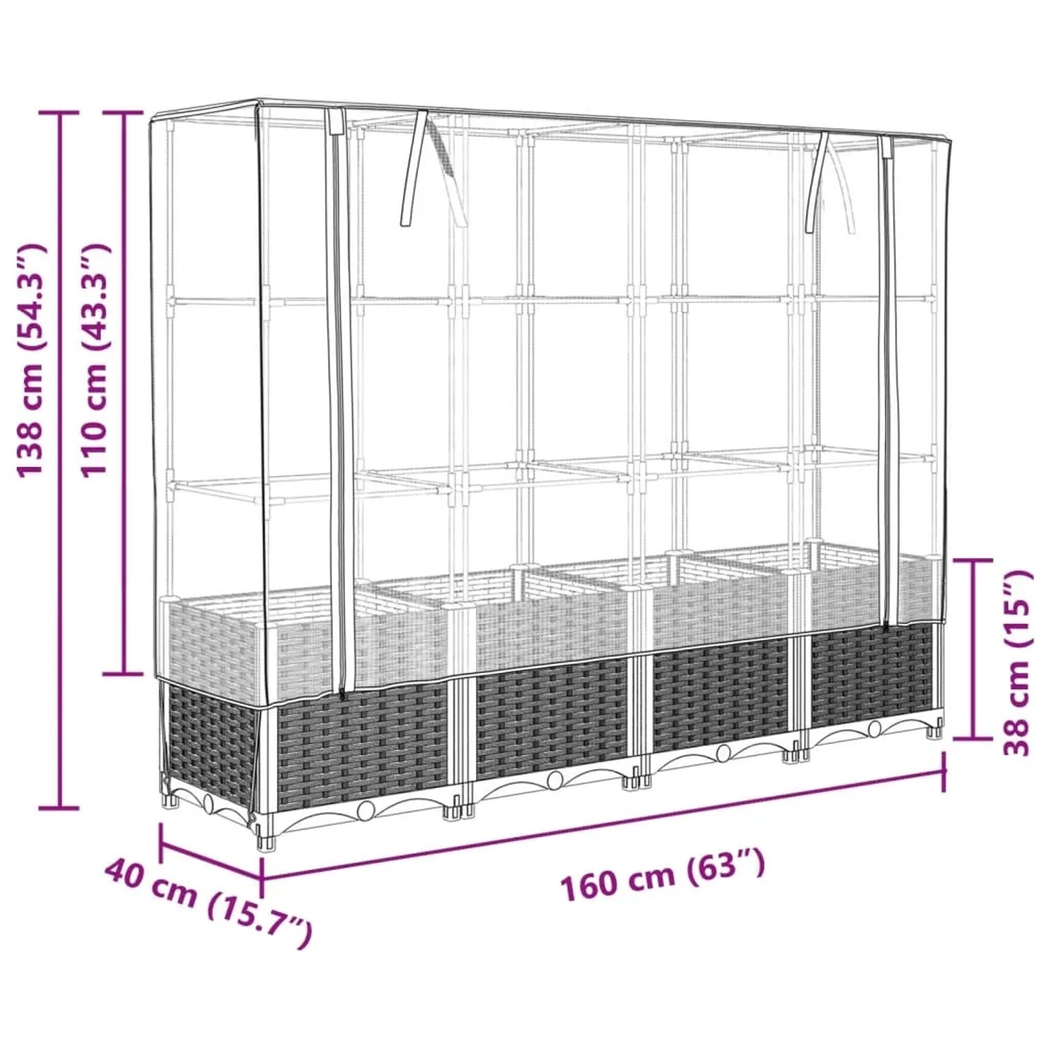vidaXL Hochbeet mit Gewächshaus-Aufsatz in Rattan-Optik, 160x40x138 cm, dunkelgrau und grün.