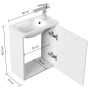 Posseik Badmöbel Pieni Slimline, 40 cm, weiß hochglanz, mit offenstehender Tür und Maßangaben.