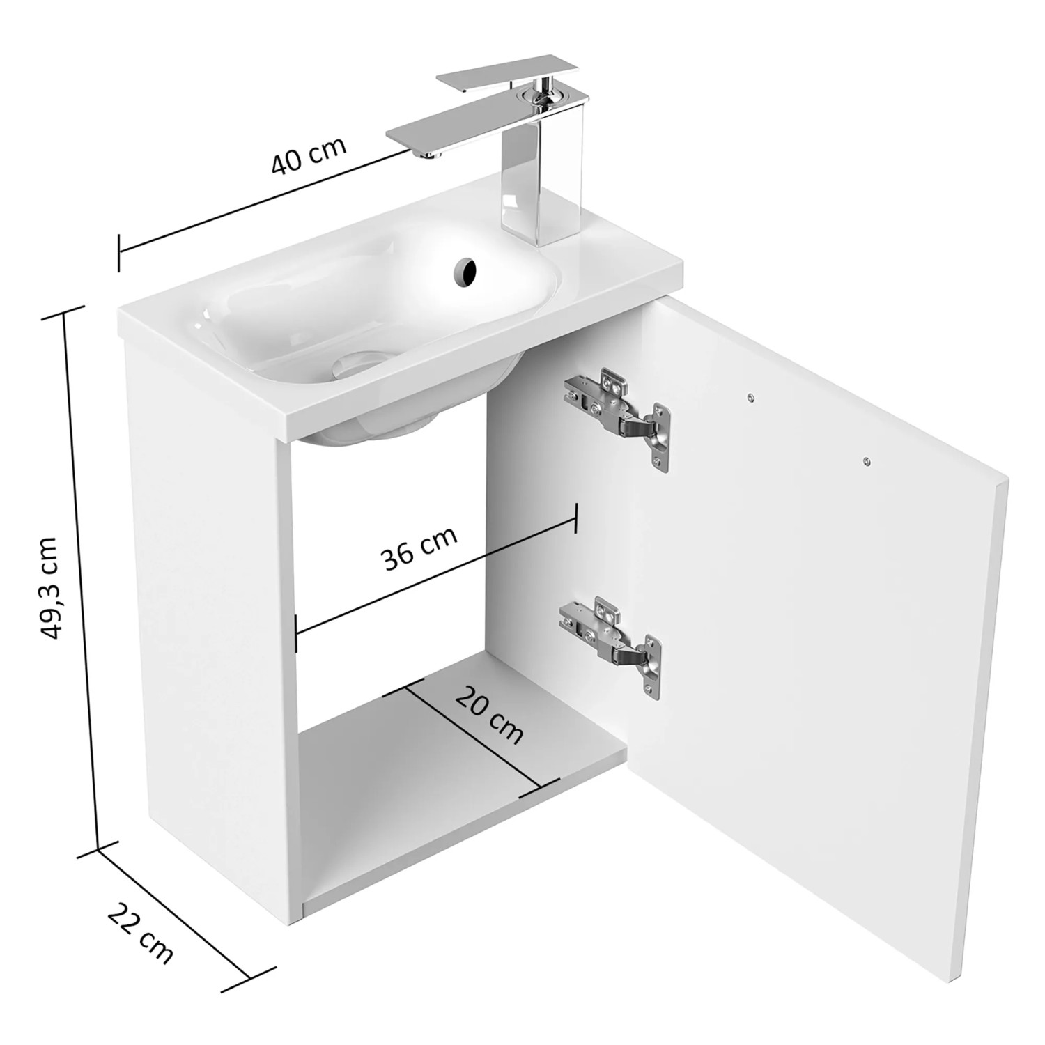Posseik Badmöbel Pieni Slimline, 40 cm, weiß hochglanz, mit offenstehender Tür und Maßangaben.