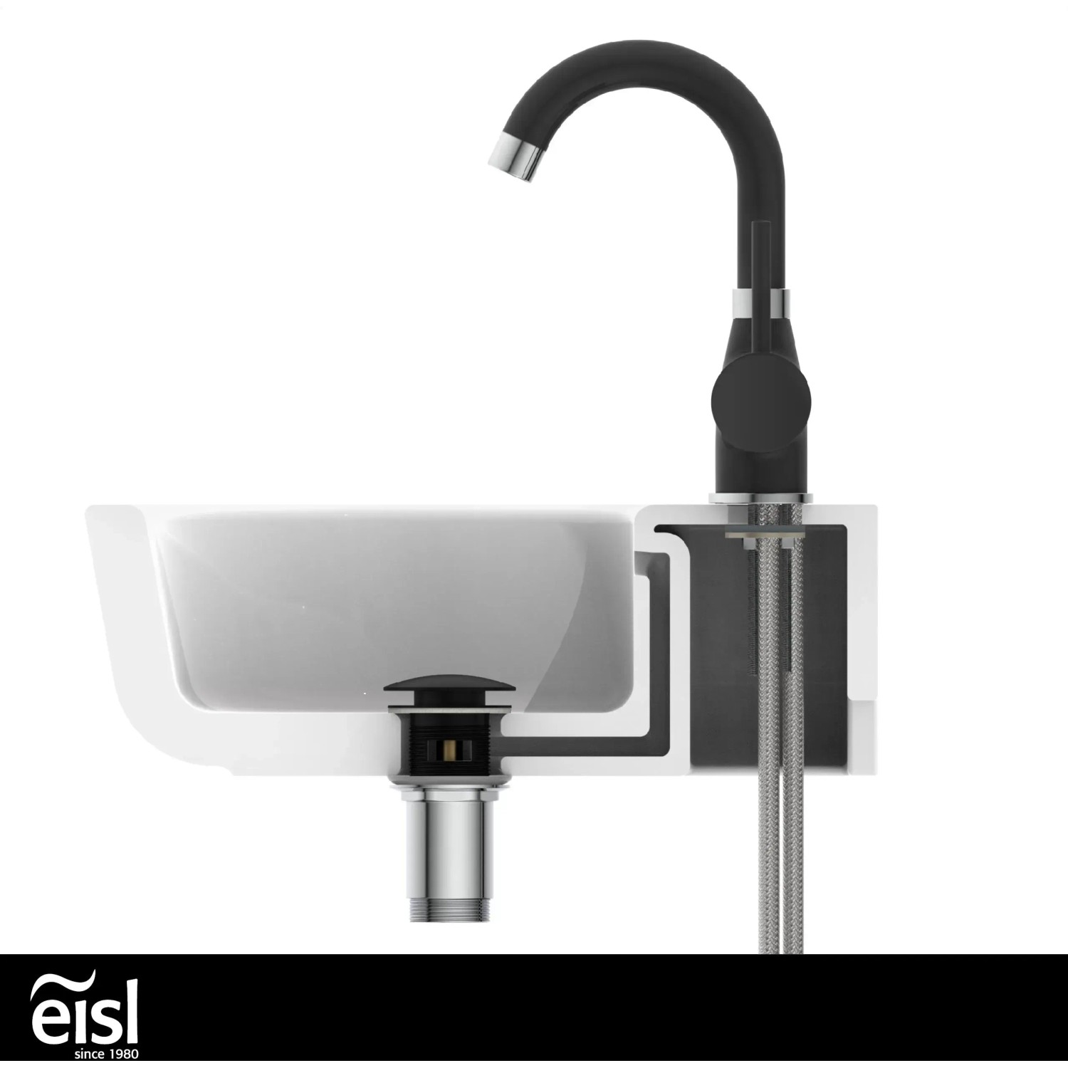 Eisl Waschtischarmatur Futura in Schwarz-Chrom, hoher Auslauf, seitliche Ansicht.