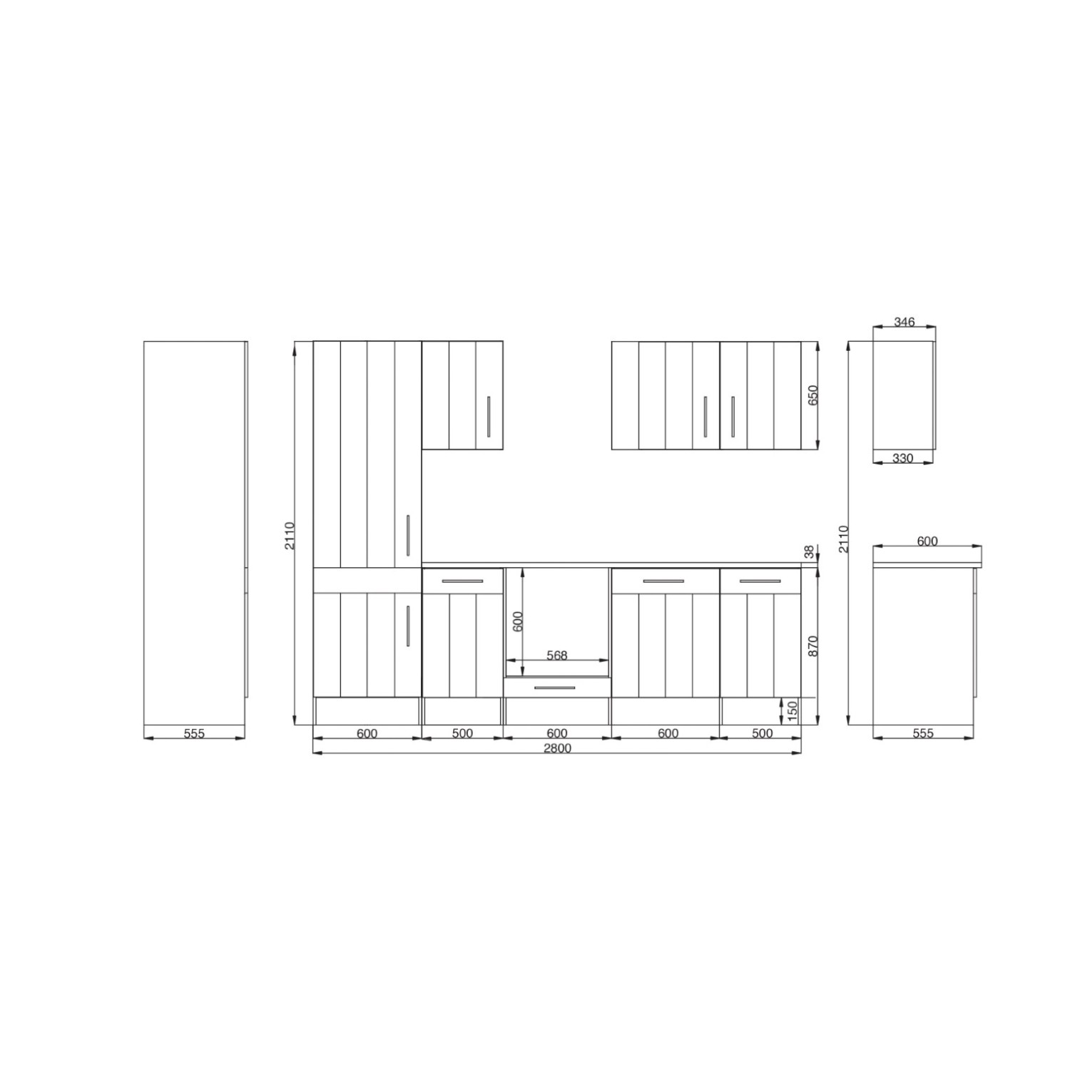 Skizze der Respekta Premium Landhausküche 280 cm in Lärche Weiß Matt mit Maßen.
