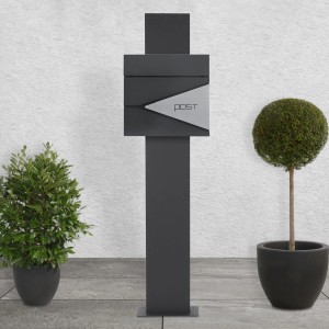 Moderner ML-Design Standbriefkasten in Anthrazit-Silber mit Zeitungsfach und anthrazitfarbenem Pfosten.
