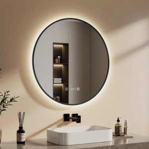Runder LED Badspiegel, 80 cm, mit schwarzem Rahmen, Antibeschlag, Uhr und Temperaturanzeige.